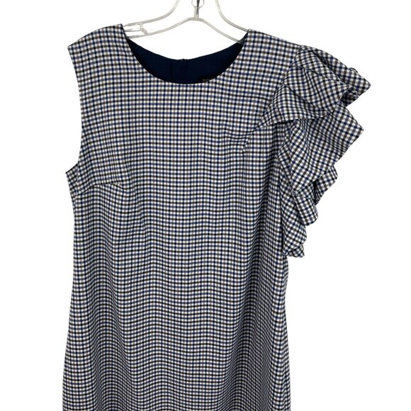 Banana Republic Sheath Dress Womens 14 Blue Brown Plaid Single Ruffle Shoulder - Picture 3 of 10
